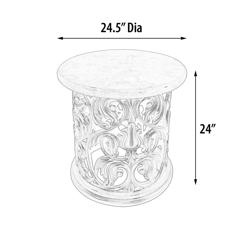 Platine Hand Carved Round Side Table w Creama Marfil Marble 24 Inches Tall