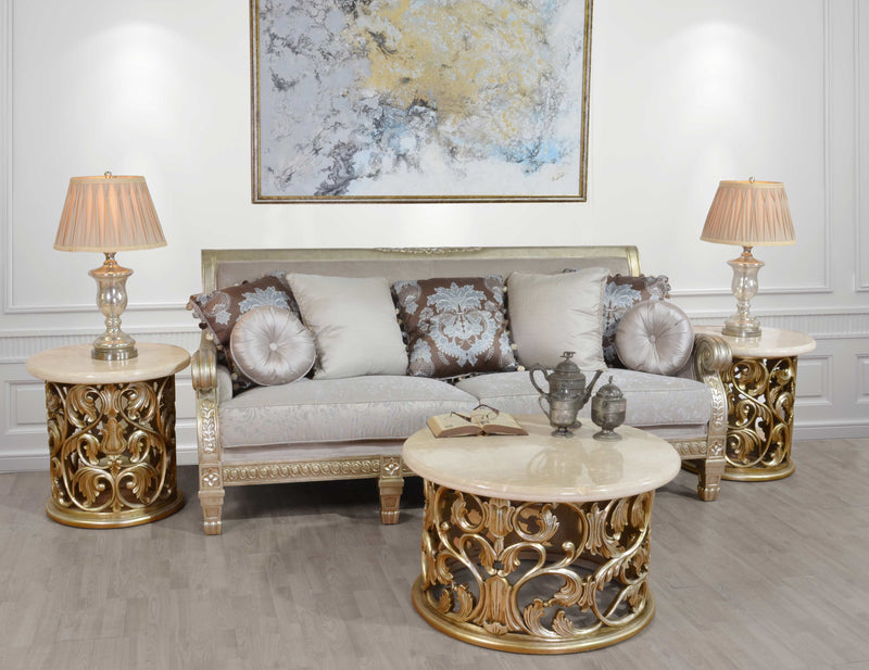 Platine Hand Carved Coffee Table w Creama Marfil Marble