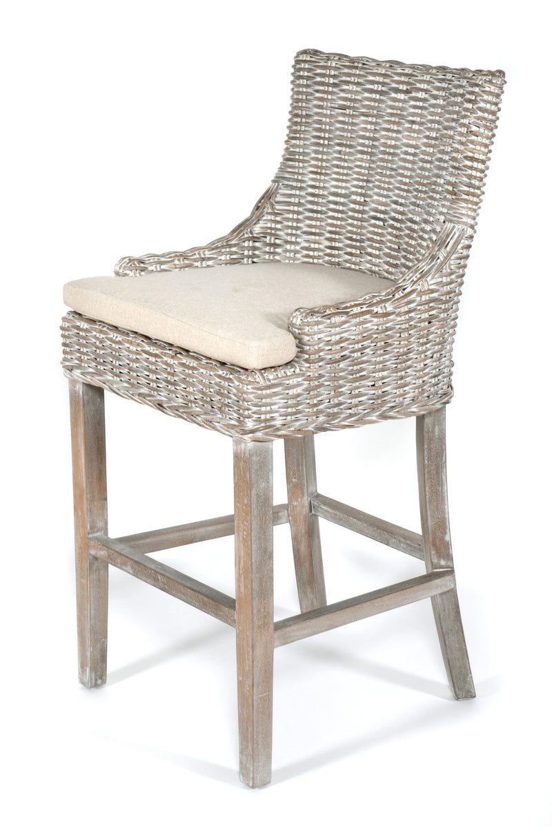 Bar Stool, Alfresco, Kuba Weave, White Wash, Hand Made, Mahogany Frame, Neutral Cushion Coastal, Farmhouse, Rustic