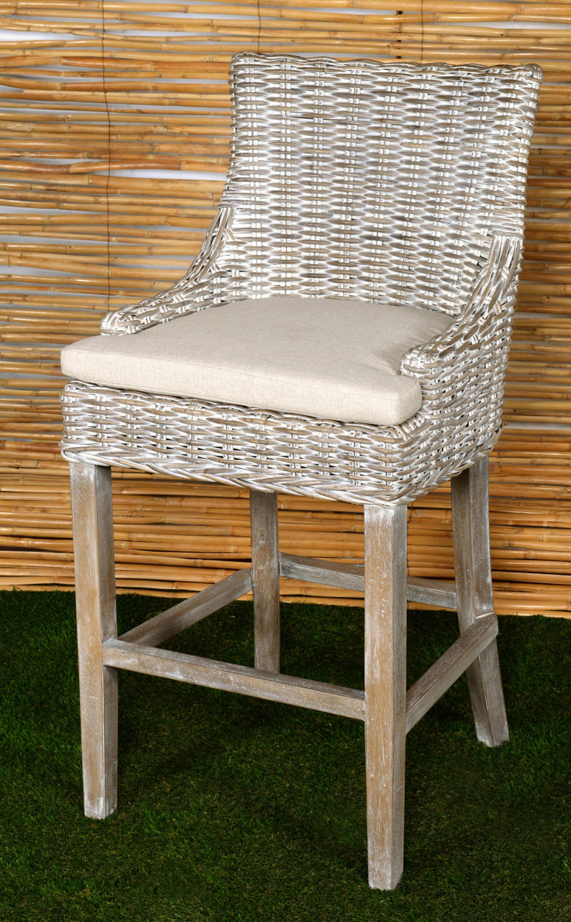 Bar Stool, Alfresco, Kuba Weave, White Wash, Hand Made, Mahogany Frame, Neutral Cushion Coastal, Farmhouse, Rustic