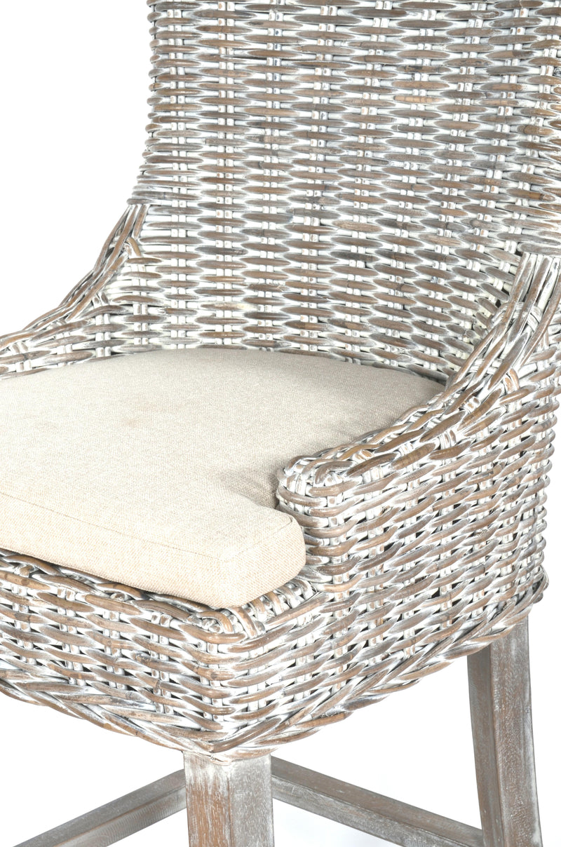 Bar Stool, Alfresco, Kuba Weave, White Wash, Hand Made, Mahogany Frame, Neutral Cushion Coastal, Farmhouse, Rustic