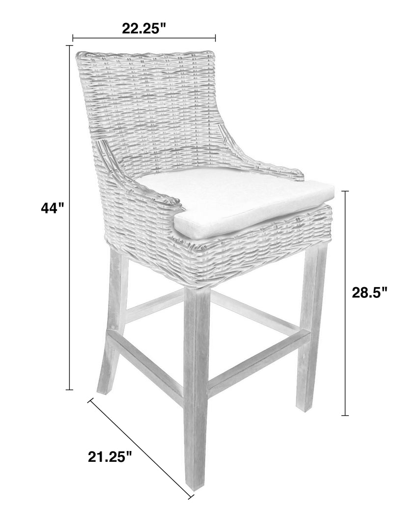 Bar Stool, Alfresco, Kuba Weave, White Wash, Hand Made, Mahogany Frame, Neutral Cushion Coastal, Farmhouse, Rustic