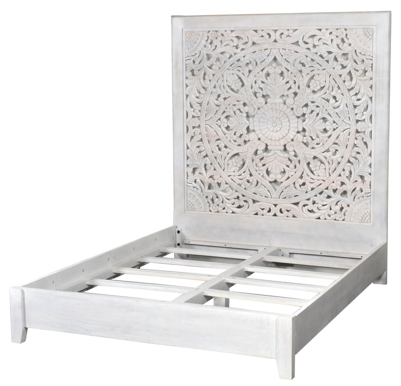 Carved Lace Queen Bed, White Wash Wood Rustic, Coastal, Cottage, Farmhouse