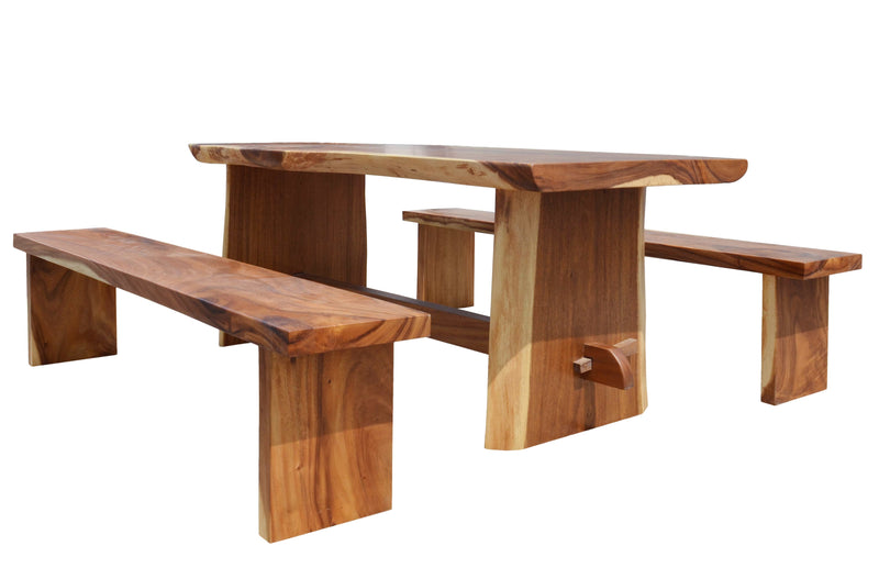 Dining Set of 3 , Live Edge, Suar Wood, Dining Table with 2 Natural Benches 79 Inch