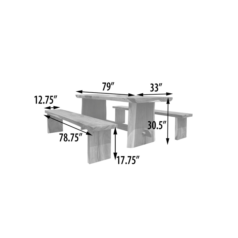 Dining Set of 3 , Live Edge, Suar Wood, Dining Table with 2 Natural Benches 79 Inch