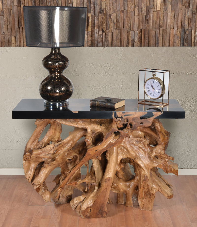 Artistic 48 Inch Floating Teak Root Console in Black Epoxy Resin