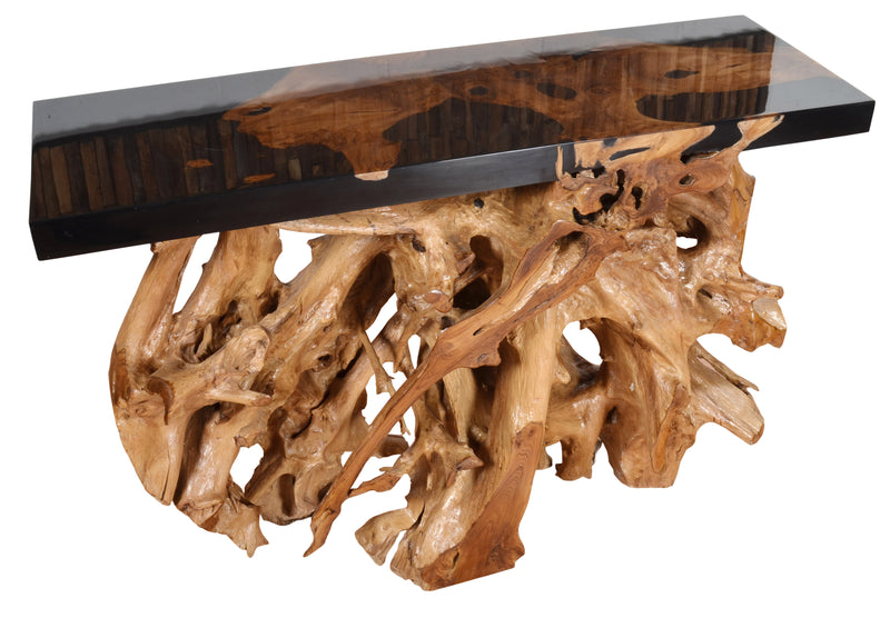 Artistic 48 Inch Floating Teak Root Console in Black Epoxy Resin