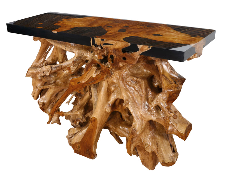 Artistic 48 Inch Floating Teak Root Console in Black Epoxy Resin