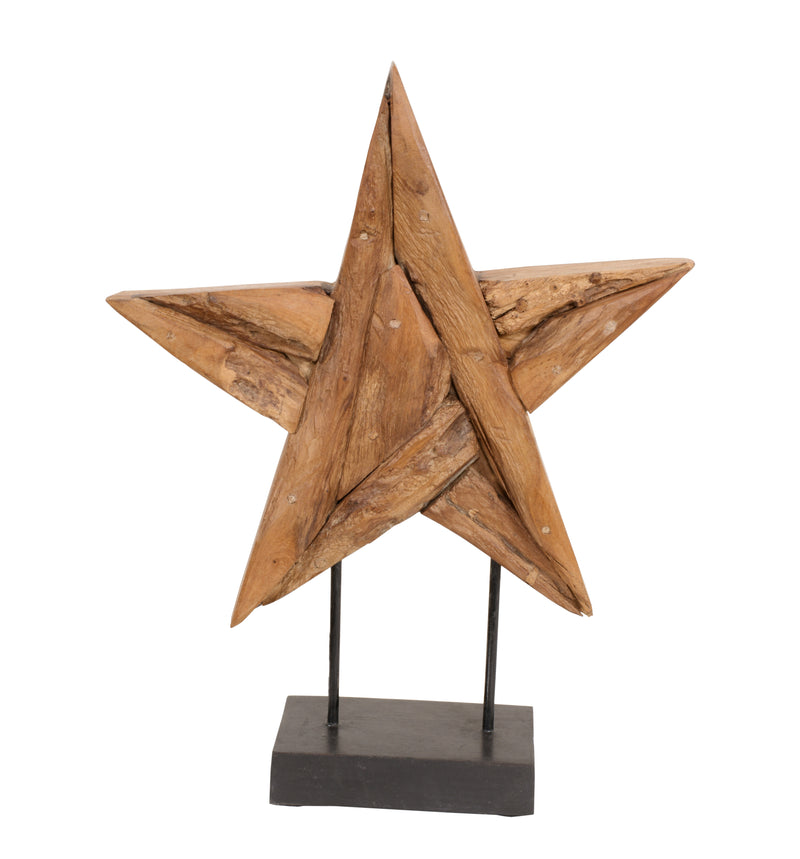 Mountain Studios Teak Wood Star on Stand 20 Inch Tall Rustic,Texas