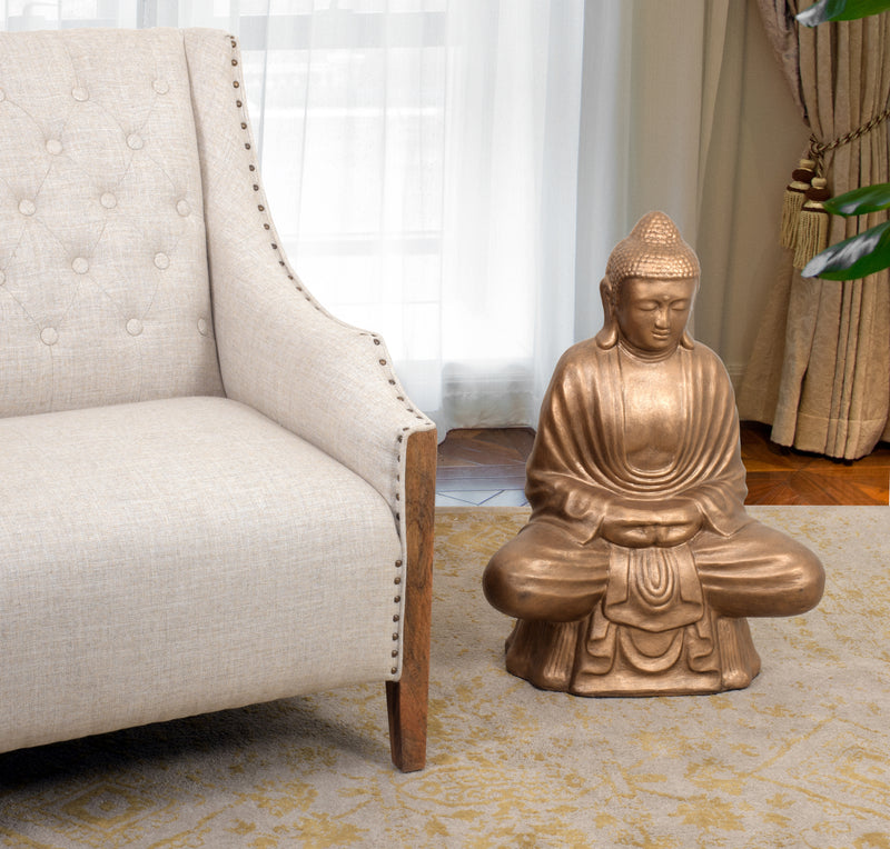 Buddha Sitting Lotus 30 Inch  Gold Stone Finish Indoor Outdoor Hand Cast and Hand Finished