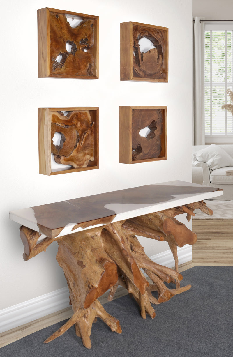 Artistic 60 Inch Floating Teak Root Console in White Epoxy Resin