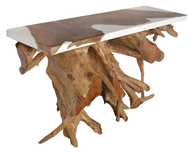 Artistic 60 Inch Floating Teak Root Console in White Epoxy Resin