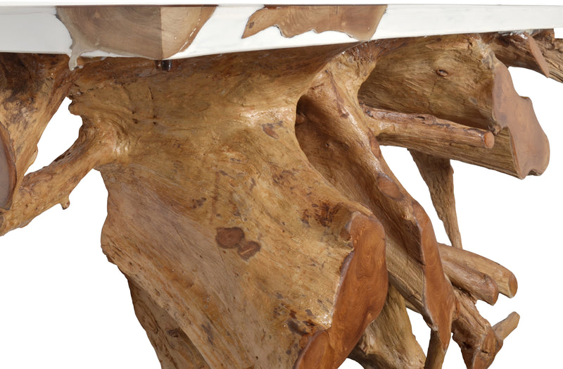Artistic 60 Inch Floating Teak Root Console in White Epoxy Resin
