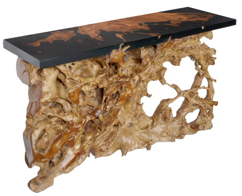 Artistic 60 Inch Floating Teak Root Console in Black Epoxy Resin