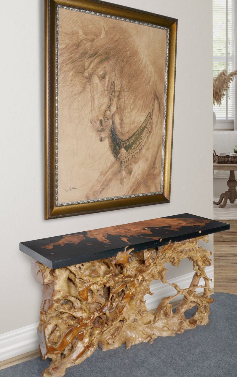 Artistic 60 Inch Floating Teak Root Console in Black Epoxy Resin