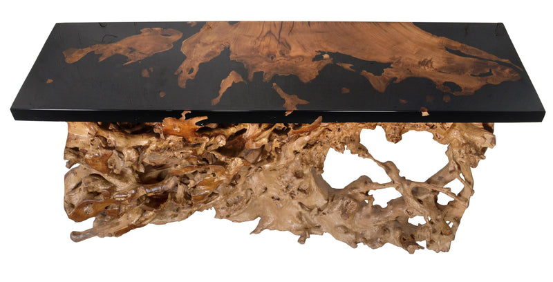 Artistic 60 Inch Floating Teak Root Console in Black Epoxy Resin