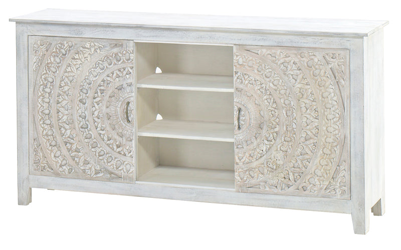 Carved Lace Entertainment, Cabinet 70 Inches White Wash, Wood Rustic, Coastal, Cottage, Farmhouse
