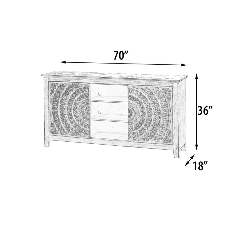 Carved Lace Entertainment, Cabinet 70 Inches White Wash, Wood Rustic, Coastal, Cottage, Farmhouse