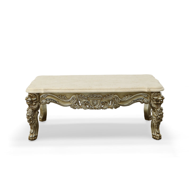 Platine Lion Coffee Table Hand Carved Mahogany with Creama Marfil Marble Top