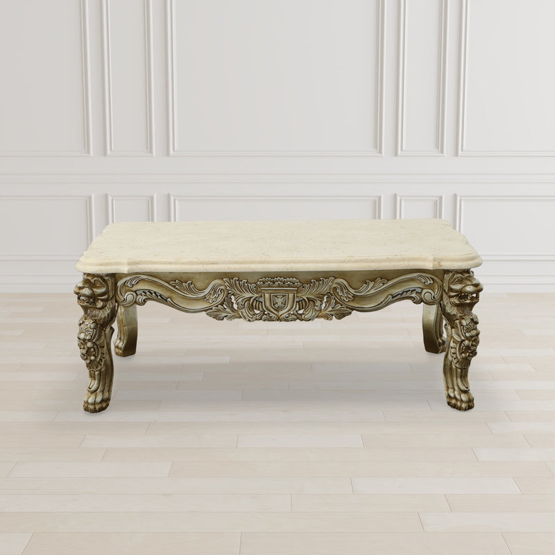 Platine Lion Coffee Table Hand Carved Mahogany with Creama Marfil Marble Top