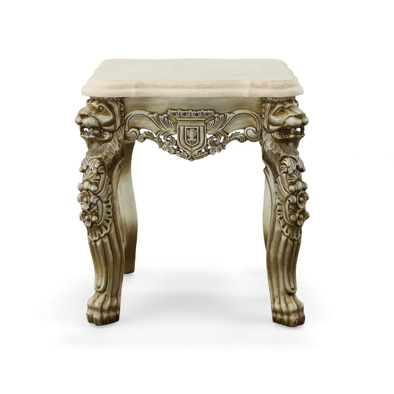 Platine Lion Side Table Hand Carved Mahogany with Creama Marfil Marble Top 26 Inch Tall