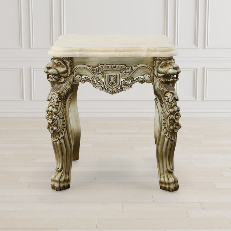 Platine Lion Side Table Hand Carved Mahogany with Creama Marfil Marble Top 26 Inch Tall