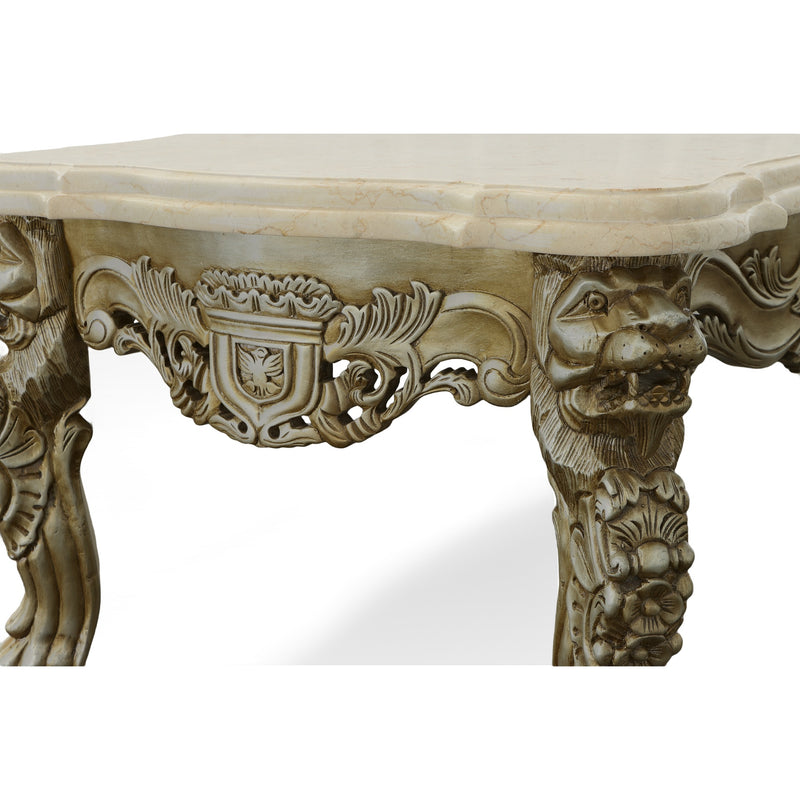 Platine Lion Side Table Hand Carved Mahogany with Creama Marfil Marble Top 26 Inch Tall