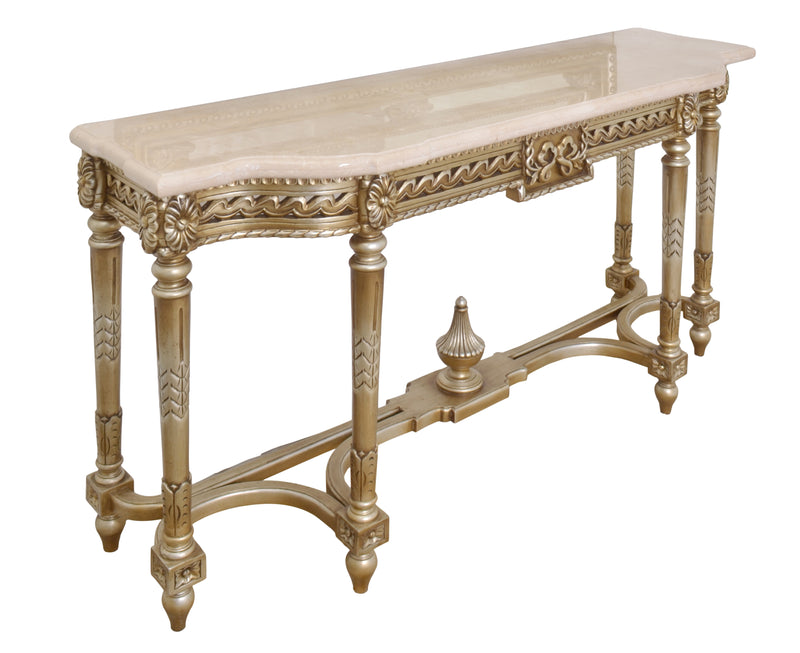 Platine Hand Carved Mahogany Console with Creama Marfil Marble Top 68 Inches