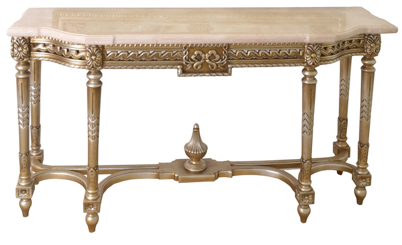 Platine Hand Carved Mahogany Console with Creama Marfil Marble Top 68 Inches