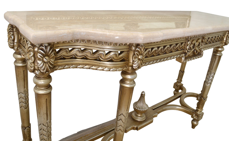 Platine Hand Carved Mahogany Console with Creama Marfil Marble Top 68 Inches