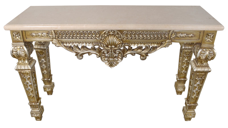 Platine Chapelle Console Hand Carved Mahogany with Creama Marfil Marble Top 59.25 Inches Long