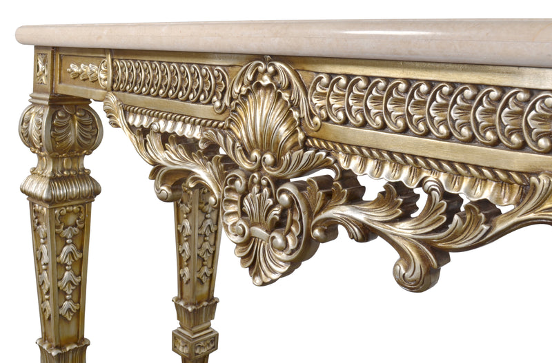 Platine Chapelle Console Hand Carved Mahogany with Creama Marfil Marble Top 59.25 Inches Long