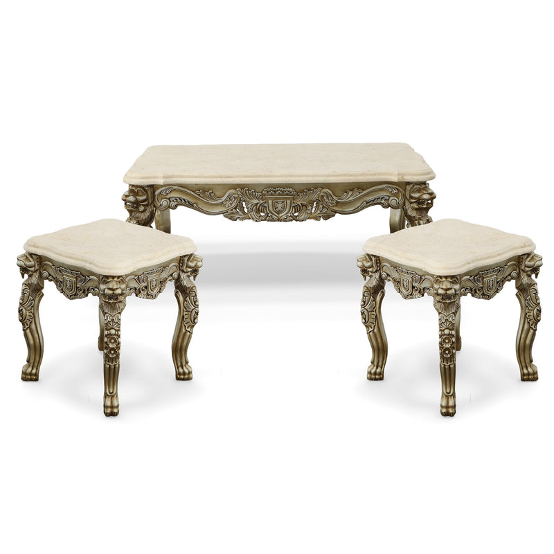 Platine Lion Coffee Table Set of 3 Hand Carved Mahogany with Creama Marfil Marble Tops