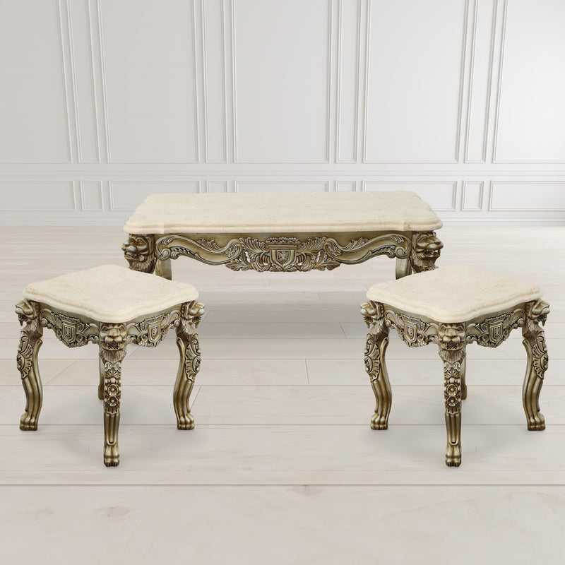 Platine Lion Coffee Table Set of 3 Hand Carved Mahogany with Creama Marfil Marble Tops