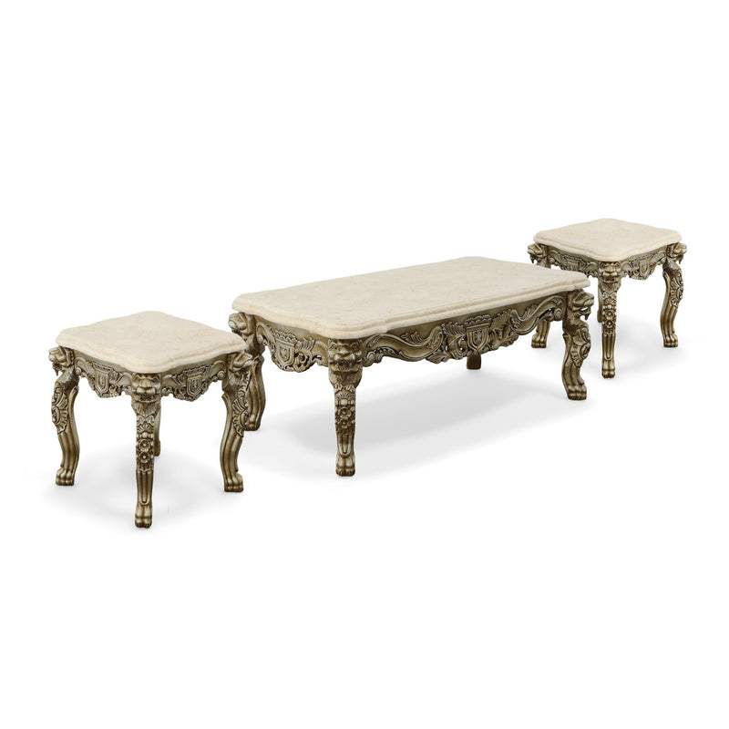 Platine Lion Coffee Table Set of 3 Hand Carved Mahogany with Creama Marfil Marble Tops