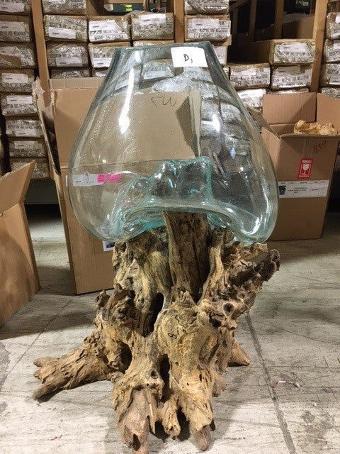 Mountain Studios Large Artistic Blown Glass and Natural Teak, Fish Bowl, Vase 29 .25 Inch Tall.