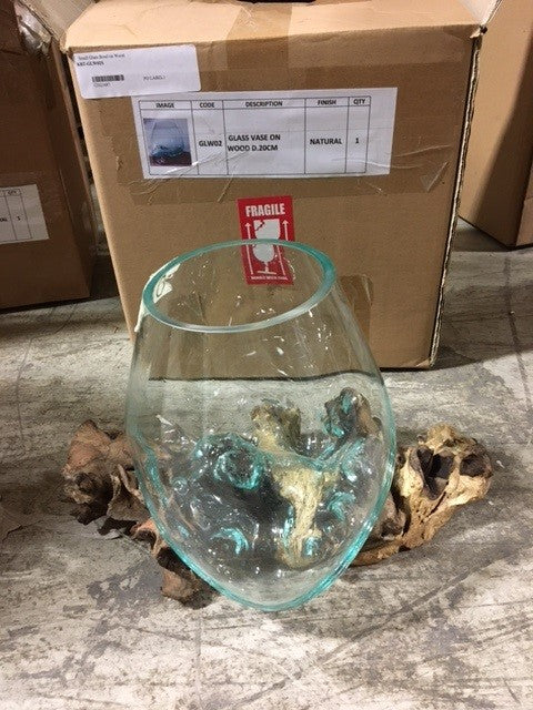 Mountain Studios Large Artistic Blown Glass and Natural Teak, Fish Bowl, Vase 29 .25 Inch Tall.