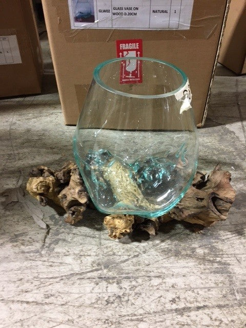 Mountain Studios Large Artistic Blown Glass and Natural Teak, Fish Bowl, Vase 29 .25 Inch Tall.