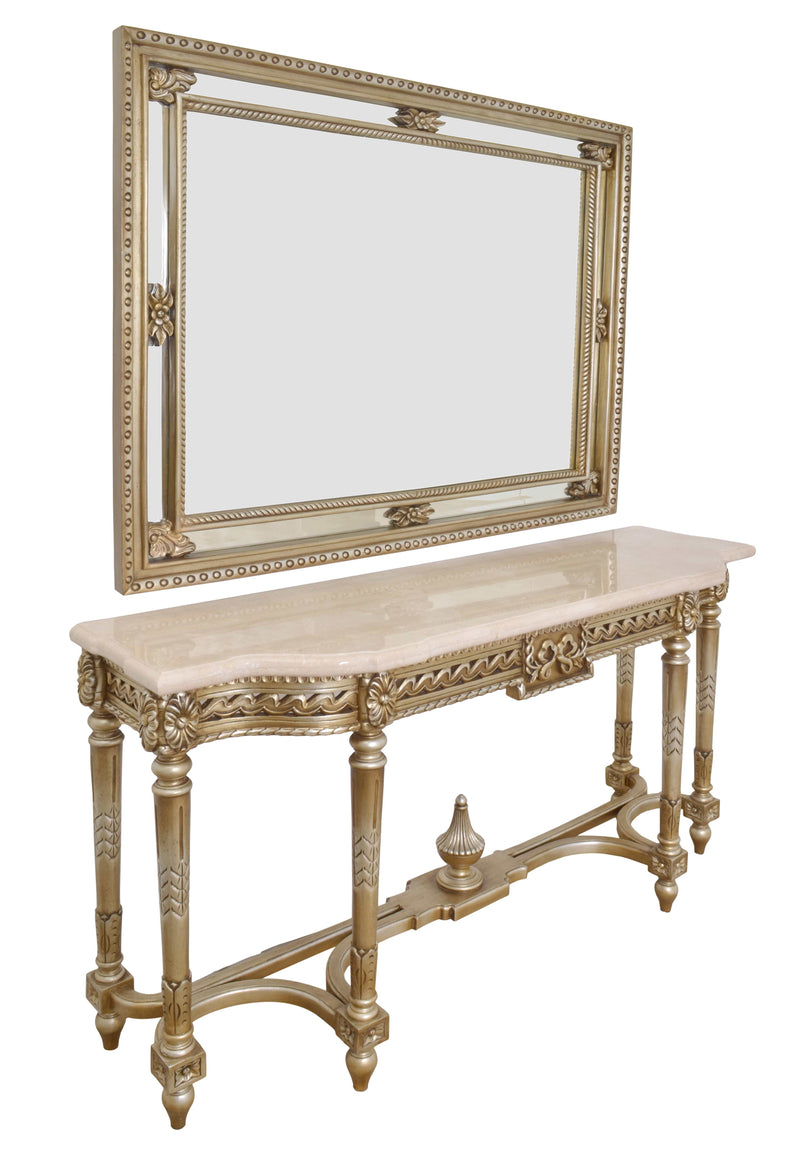 Platine Mirror  and Console  Hand Carved Mahogany with Creama Marfil Marble Top