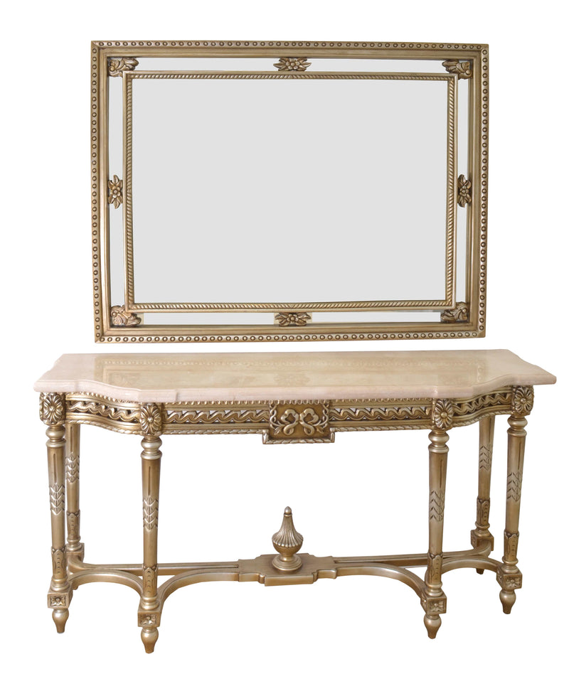 Platine Mirror  and Console  Hand Carved Mahogany with Creama Marfil Marble Top