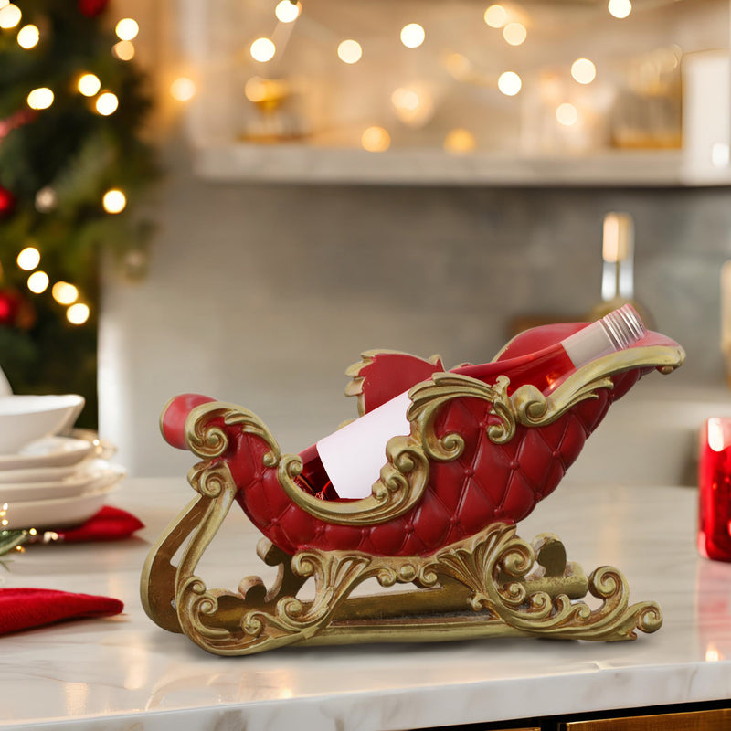 Sleigh Single Wine Bottle Holder Holiday decor Red and Gold