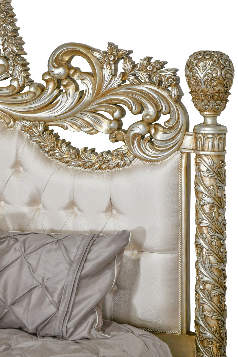 Grand Platine Finish Carved Mahogany Tufted Poster King Bed