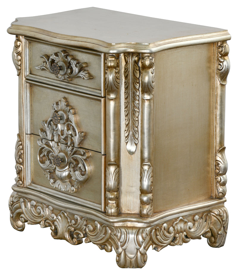 Grand Platine Finish Carved 3 Drawer Nightstand