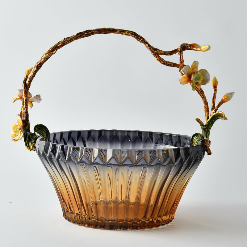 Amber Blossom Glass Basket with Sculpted Floral Handle