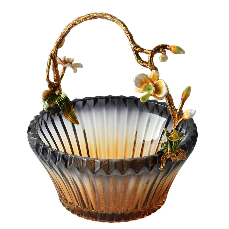 Amber Blossom Glass Basket with Sculpted Floral Handle