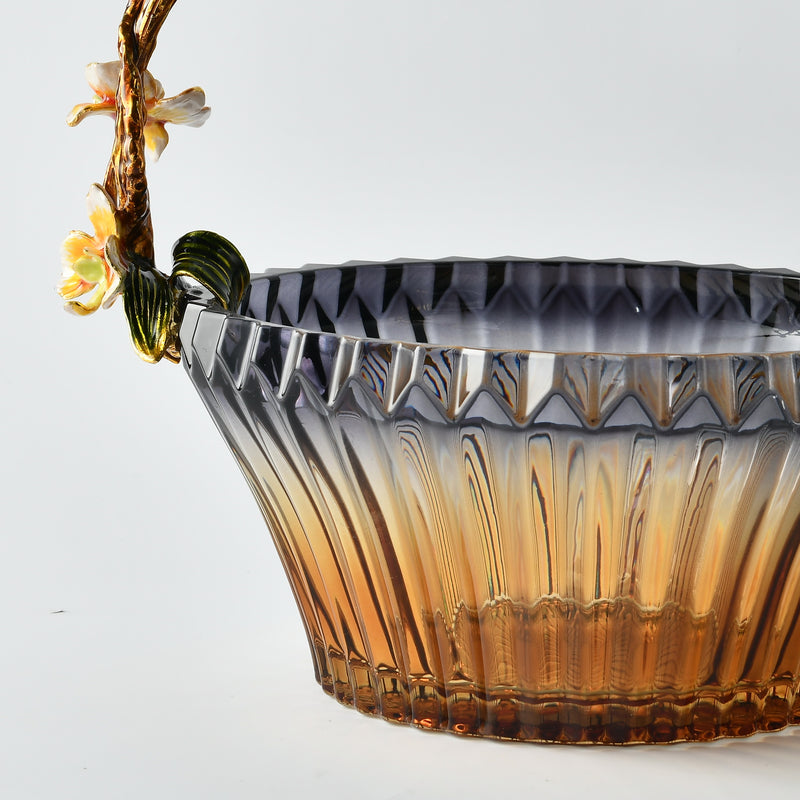 Amber Blossom Glass Basket with Sculpted Floral Handle