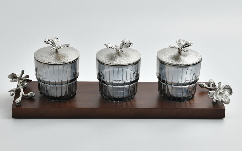 Silver Monarch Butterfly Jar Set on Wood Tray