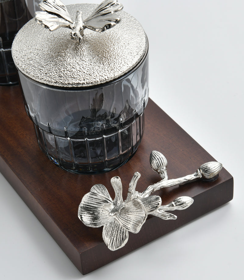 Silver Monarch Butterfly Jar Set on Wood Tray