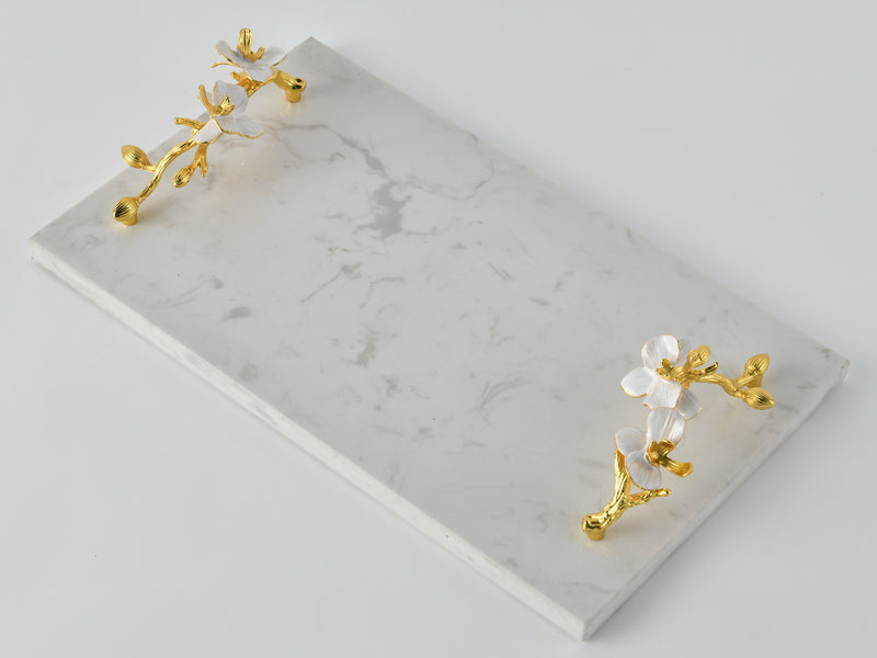 Orchid Bloom Marble Tray with Gold Handles